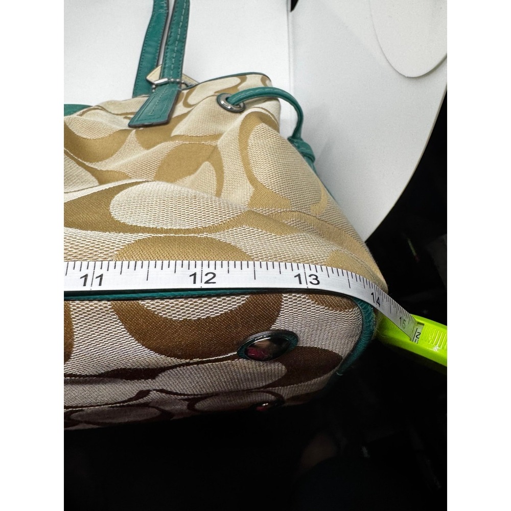 Coach F21949 Signature Stripe Carryall Khaki Jade Green Purse Near Mint - Picture 10 of 12